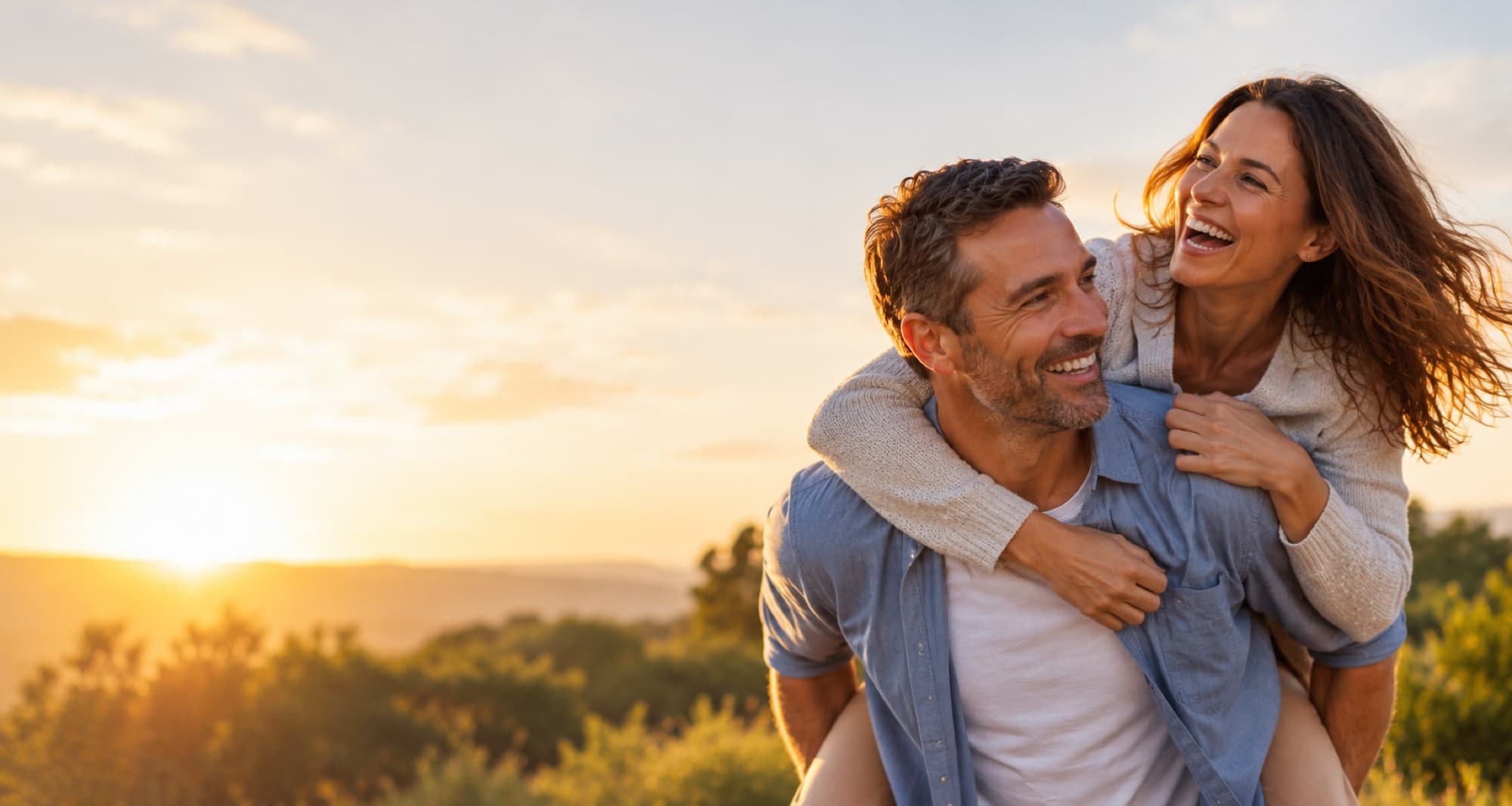 Smiling couple outdoors at sunset