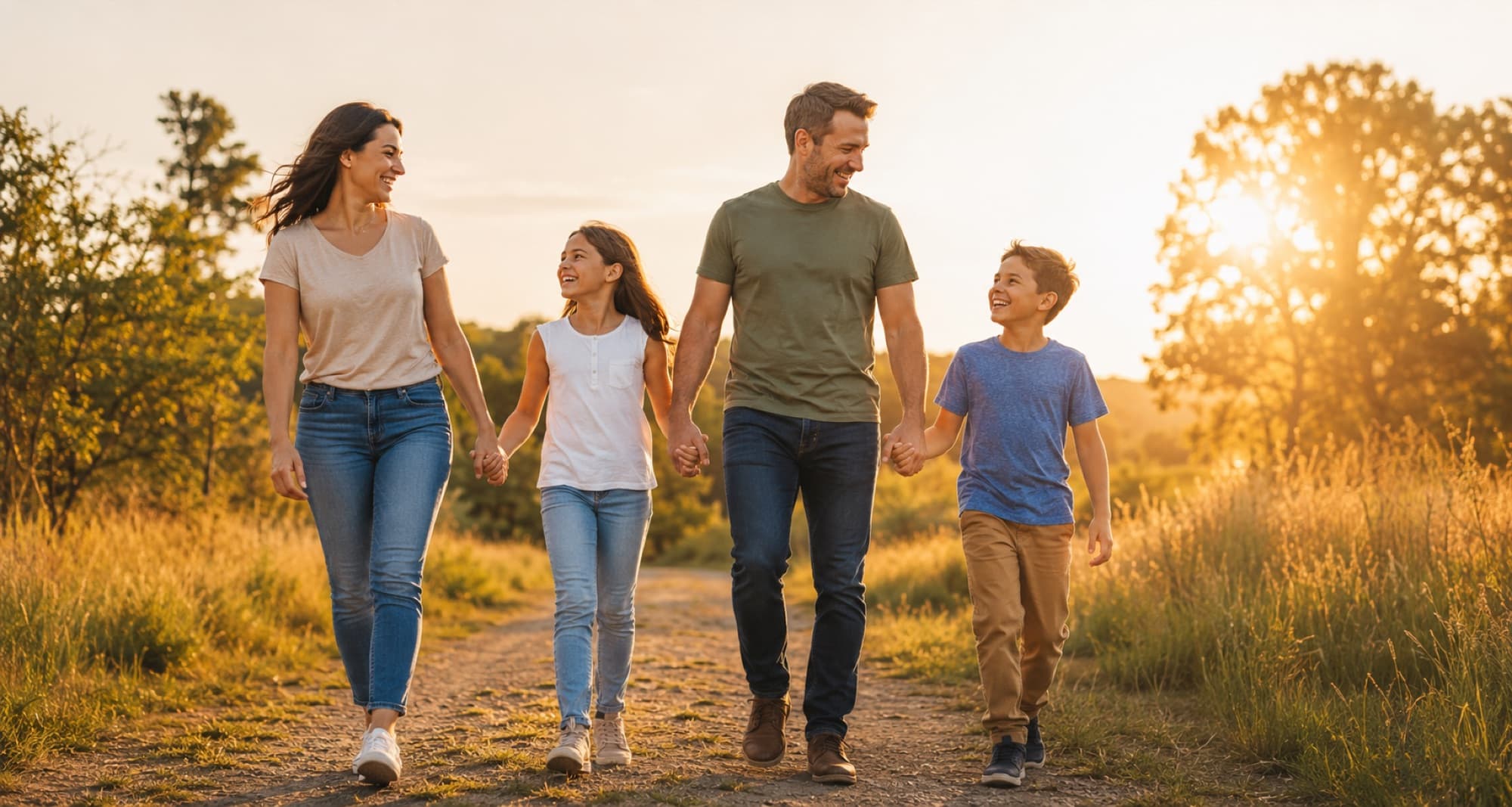 Family walking together on a trail